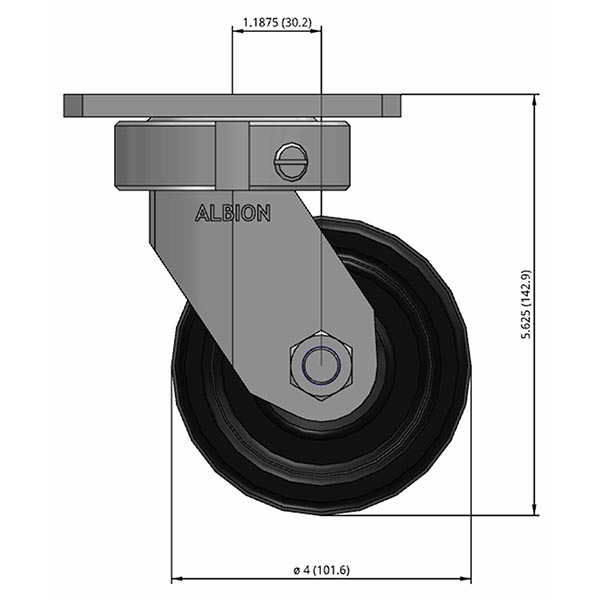 Side view drawing of caster with dimensions